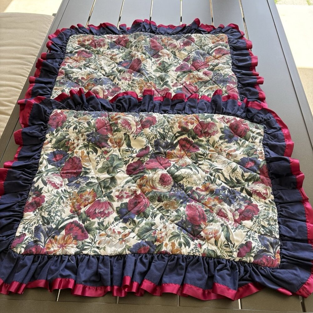 2 VTG 90s Bed Pillow Shams Floral Ruffled Burgundy Navy Hunter Green